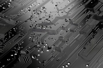 Close-up of a reflective metallic circuit board showcasing intricate patterns and electronic connections, symbolizing technology, innovation, and futuristic design.