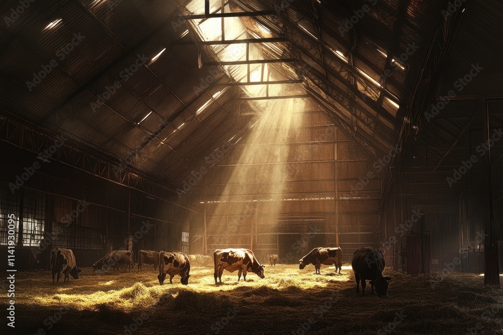 Poster Cows in a barn, sunlight rays shining through roof openings.
