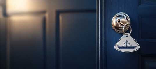 Key in a door lock with boat key chain.