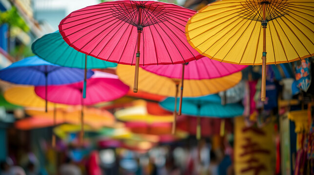 Colorful Thai parasols in a market showcasing vibrant hues and local culture on a sunny day