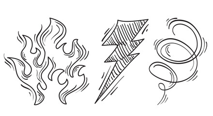 Doodle design elements, wind blow, swirl, fire flame and thunder bolt symbol. isolated on white background. vector hand drawn illustration