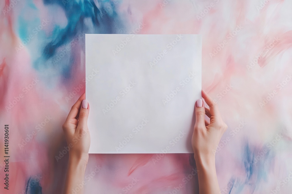Poster hands hold blank square sheet against fluid colorful backdrop.