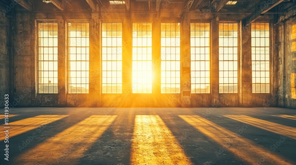Poster sun streams through warehouse windows creating warm light and shadows.