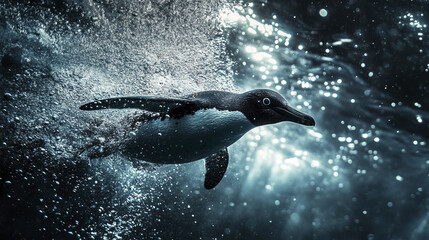 penguin swimming gracefully underwater, surrounded by bubbles and light