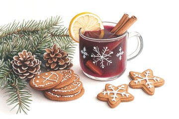 Fototapeta premium illustration of mulled wine, with cinnamon stick and lemon, gingerbread cookies.