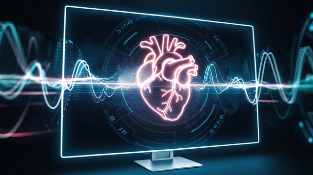 A glowing neon heart pulsating on a futuristic monitor screen