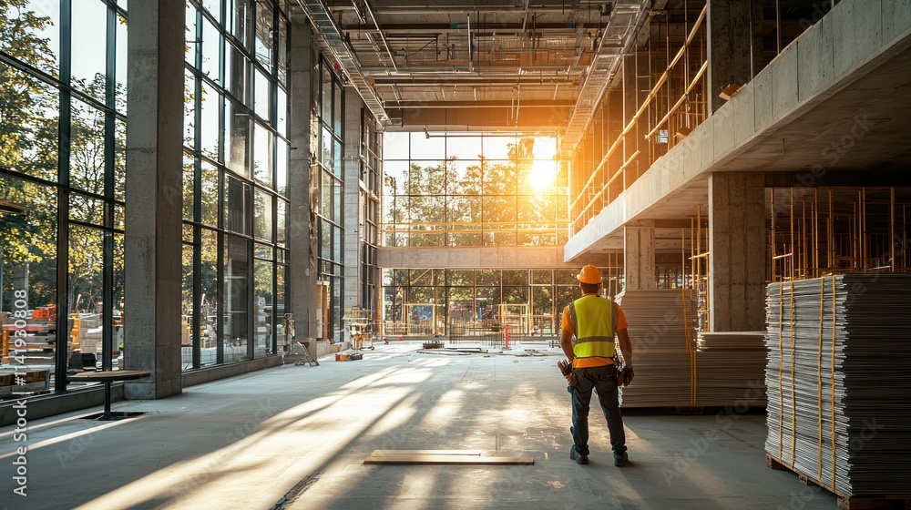 Poster Construction worker standing in uncompleted building with large windows.