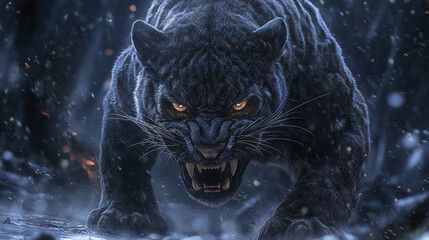 Fierce black panther with glowing eyes, showcasing strength and intensity