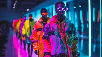 Obraz premium A group of men are walking down a runway wearing neon colored clothing