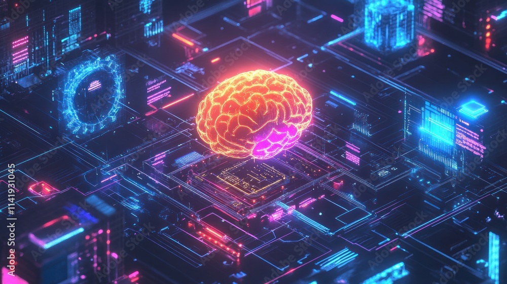 Poster glowing brain on digital circuit board.