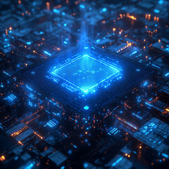 Obraz premium Futuristic Close-Up of a High-Tech Microprocessor with Neon Lights and Complex Circuit Patterns in a Digital Environment