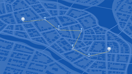 GPS navigation to pins and multiple markers on route. Isometric city map featuring directional signs, an intended goal point. Abstract plan highlights POI city streets. Vector illustration