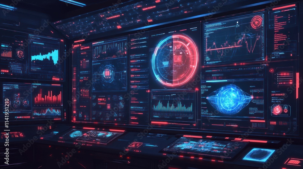 Poster Room with multiple screens displaying red and blue data, charts and graphs.
