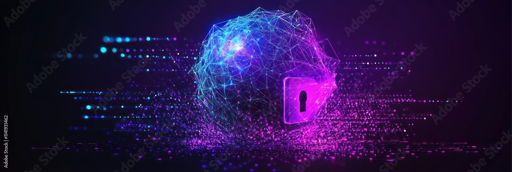 Poster glowing sphere with keyhole, digital network, abstract purple light particles on dark background.