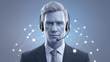 modern businessman with a headset. The businessman is isolated on a soft blue background