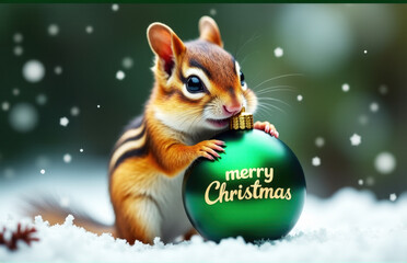 Fototapeta premium Greeting card with photo of a cute baby chipmunk holding a green shiny Christmas ball with the text Merry Christmas. Banner format or wallpaper