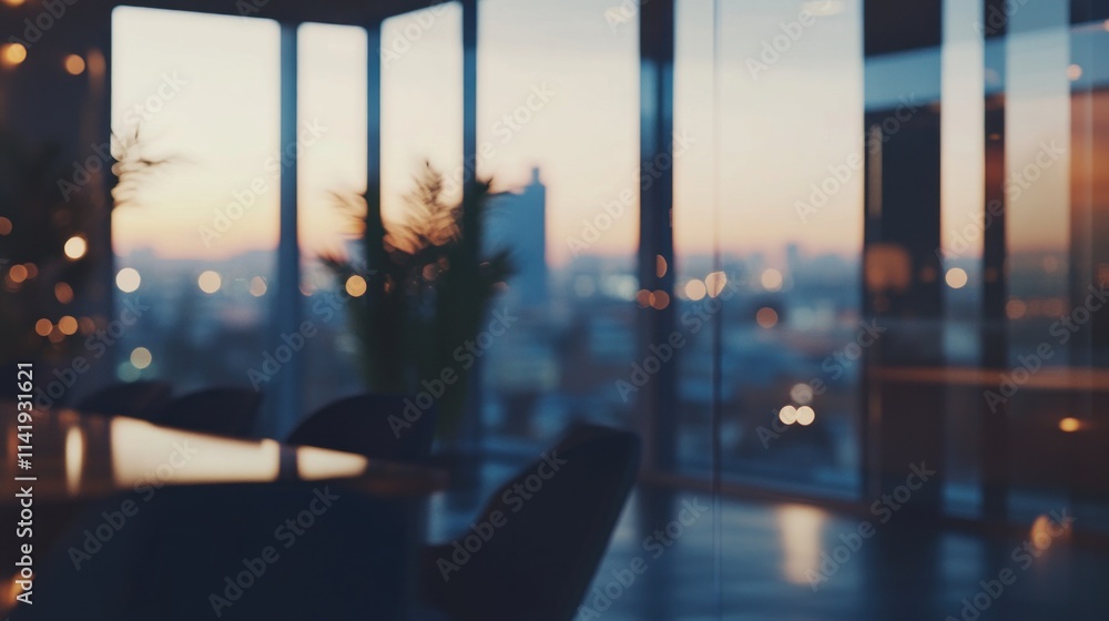 Poster blurry view of city lights from large window at dusk.