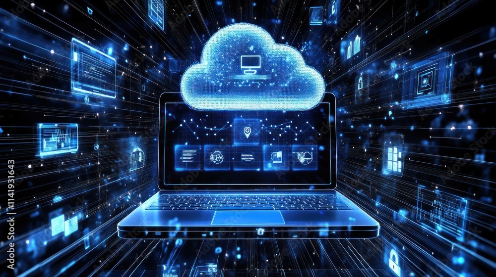 Poster cloud computing on laptop with digital icons.