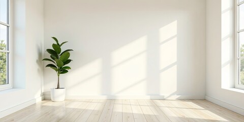 Serene Minimalist Room Interior with Sunlight Streaming Through Windows and a Potted Plant
