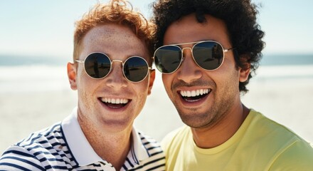 Smiling friendship: caucasian and hispanic young adults enjoying sunny beach day