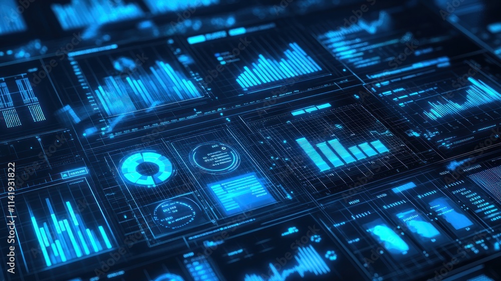 Poster Futuristic blue graphs and data displayed on digital screen.