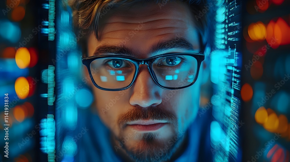 Poster focused man working with futuristic digital interface in a vibrant setting.
