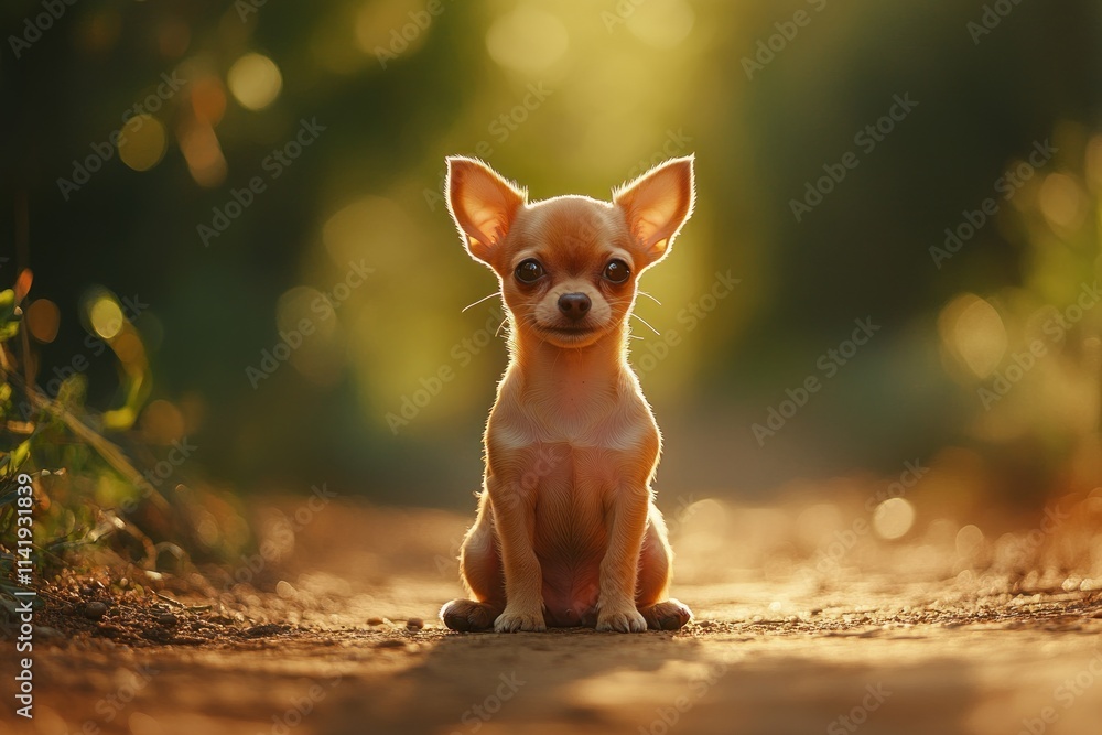 Poster tiny chihuahua sits centered on a dirt path, with blurred background.