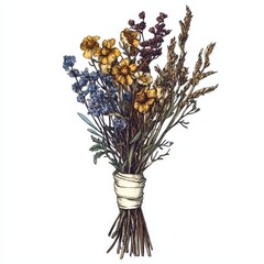 A vibrant bouquet of wildflowers, featuring purple, yellow, and blue blooms, tied together with a rustic string.