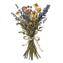 A colorful bouquet of wildflowers tied with a ribbon, showcasing an assortment of vibrant blooms and greenery.
