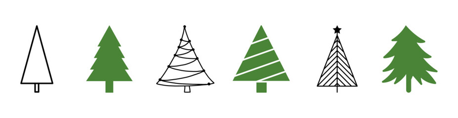 Christmas tree shapes icon set, Christmas tree line art symbols, vector illustration.