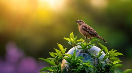 A Small Brown Bird Perched on a Green Globe Surrounded by Lush Greenery with a Beautiful Blurred Background of Nature and Warm Lighting at Sunset