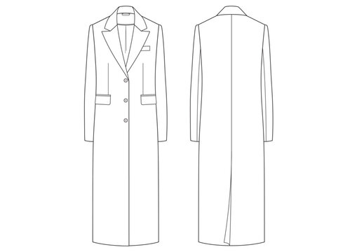 Vector fashion technical drawing of a long coat with front and back view. Three buttons. Peak lapel. Two side flap pockets and a breast pocket. Single back vent. Woven or leather fabric with lining.
