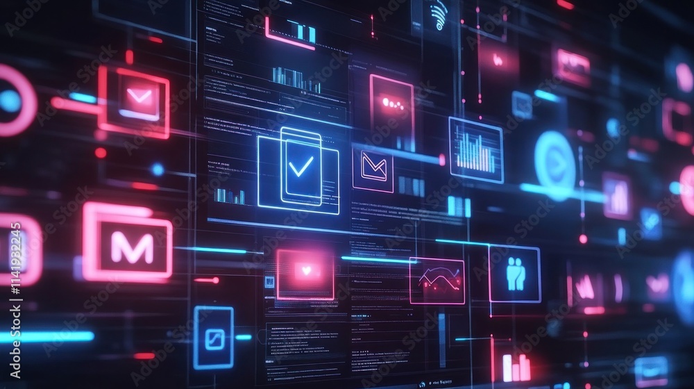 Poster abstract digital interface with icons, text, and lines glow.
