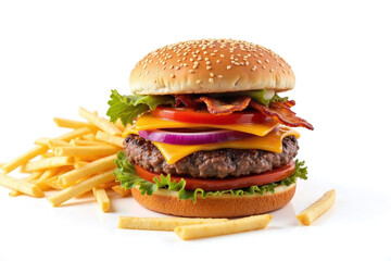 Burger and French fries on clean white background