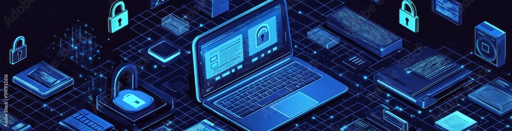 Poster isometric cyber network with laptop, locks, and circuit elements.