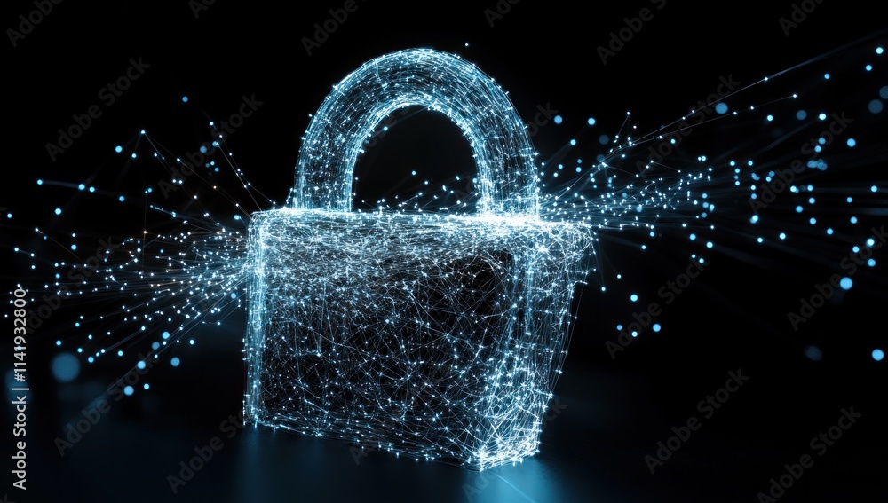 Poster luminous padlock made of network of data points on dark background.