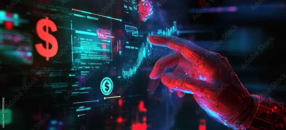 Poster Robot hand interacting with digital financial data on screen.