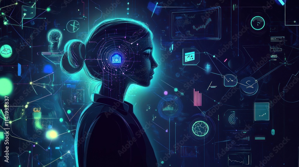 Aufkleber digital woman with network of futuristic tech icons.
