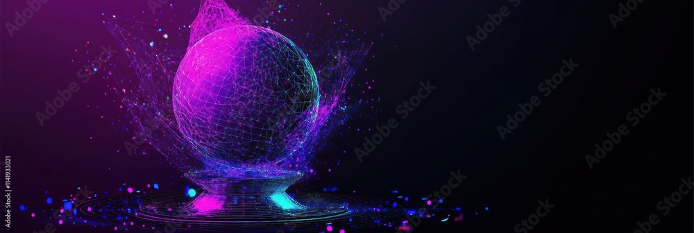 Poster Glowing purple sphere with particle effects on dark.