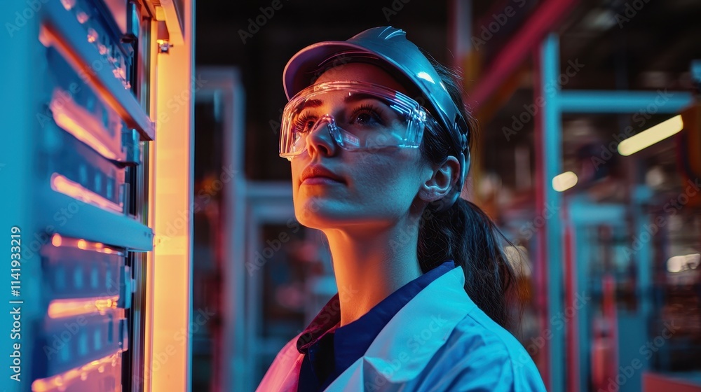 Poster factory worker utilizing ai powered tools for enhanced energy efficiency in modern manufacturing env