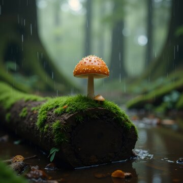 En el coraz&oacute;n del bosque, un hongo solitario se alza majestuoso bajo la lluvia.
