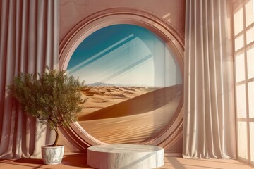 Clean Architectural Podium with Sharp Lines and Natural Sunlit Windows for Product Showcase