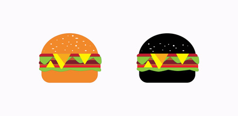 Two burgers are depicted, one with an orange bun and the other with a black bun. Both have similar fillings: lettuce, cheese, tomato, and a patty. The contrast in bun colors makes the image visually s