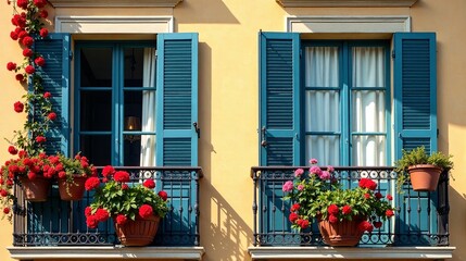 Twin windows with teal shutters, adorned by vibrant red and pink flowers in terracotta pots on wrought iron balconies