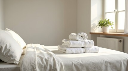Freshly laundered bathrobes and towels neatly arranged on a pristine bed in a sunlit bedroom