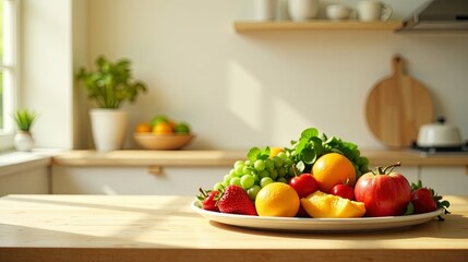 A sunlit kitchen table displays a vibrant assortment of fresh fruits, including juicy oranges, ripe strawberries, and sweet grapes, creating a cheerful and healthy scene.