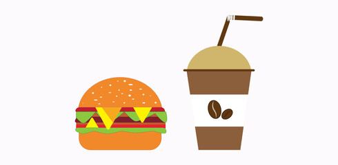 A hamburger with lettuce, cheese, tomato, and a black drink cup with a straw and coffee beans on it, representing a quick, convenient meal.