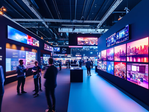 Visitors walking through a technology exhibition showcasing large digital screens displaying vibrant images and videos in a modern setting.