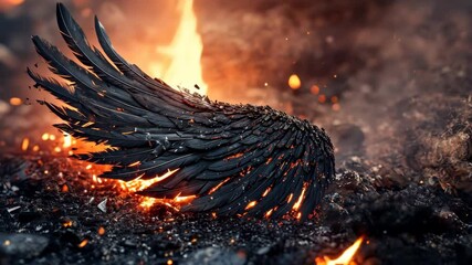 A Fallen Angel Wing Amidst Ashes and Smoke: A single, digital - Powered by Adobe