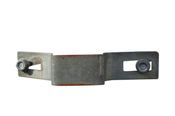 Handle. Metal mounting clamp, screw, attachment to beam and metal, pipe. On isolated transparent background.